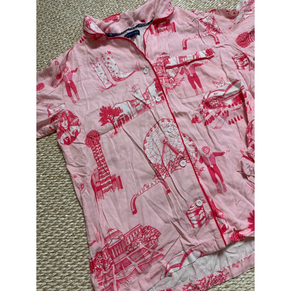 Katie Kime Dallas Toile Pajama Set Pink Short Sleeve Button Down Shorts Medium - Picture 7 of 7